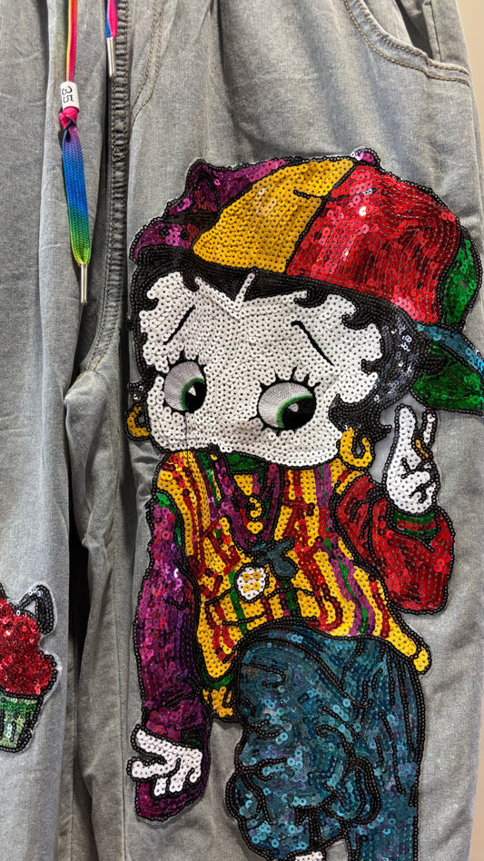 Denim-Hose mit Pailletten-Motiven & bunten Details