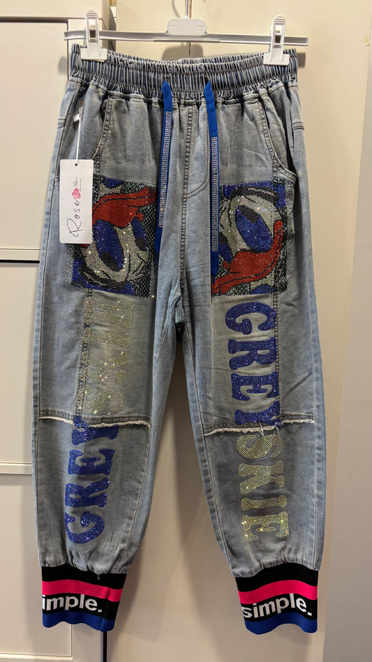 Jeans mit Enten-Strassmotiv