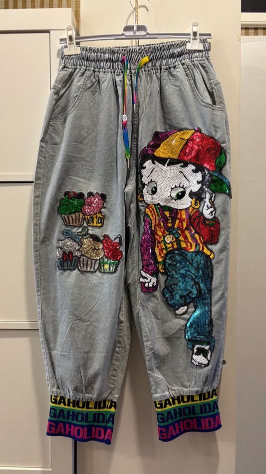 Denim-Hose mit Pailletten-Motiven & bunten Details