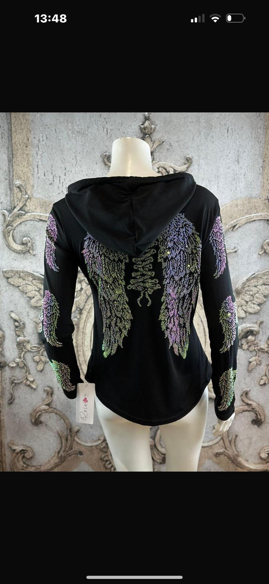 Schwarze Langarmshirts mit Kapuze und Strassdesigns