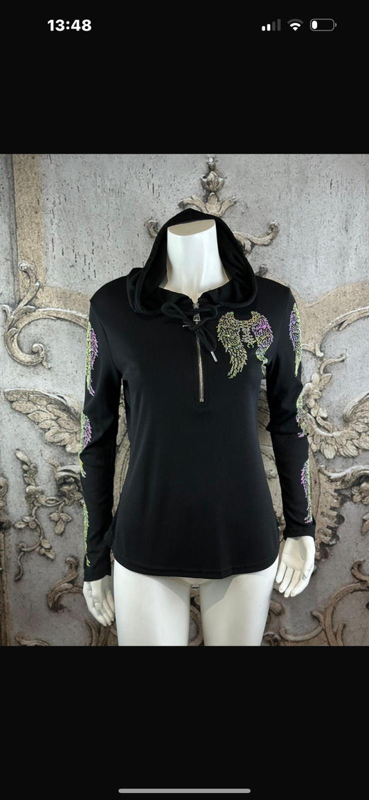 Schwarze Langarmshirts mit Kapuze und Strassdesigns